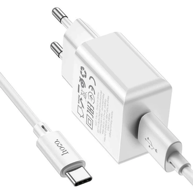 Мережевий зарядний пристрій з кабелем HOCO C106A Leisure single port charger set(Type-C) White - Фото 4 Мережевий зарядний пристрій з кабелем HOCO C106A Leisure single port charger set(Type-C) White - зображення 4