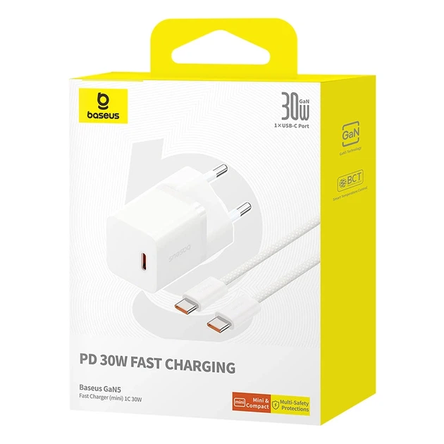 Мережевий зарядний пристрій з кабелем Baseus GaN5 Fast Charger(mini) 1C 30W EU Moon White(With: Fast Charging Data Cable Type-C) - Фото 2 Мережевий зарядний пристрій з кабелем Baseus GaN5 Fast Charger(mini) 1C 30W EU Moon White(With: Fast Charging Data Cable Type-C) - изображение 2