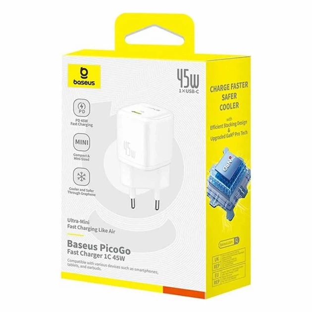 Мережевий зарядний пристрій Baseus PicoGo GaN Fast Charger 1C 45W EU Moon White - Фото 2 Мережевий зарядний пристрій Baseus PicoGo GaN Fast Charger 1C 45W EU Moon White - зображення 2