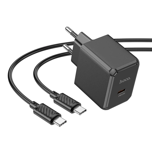 Мережевий зарядний пристрій з кабелем HOCO CS13A Ocean single port PD20W charger set(Type-C to Type-C) Black - Фото 4 Мережевий зарядний пристрій з кабелем HOCO CS13A Ocean single port PD20W charger set(Type-C to Type-C) Black - изображение 4
