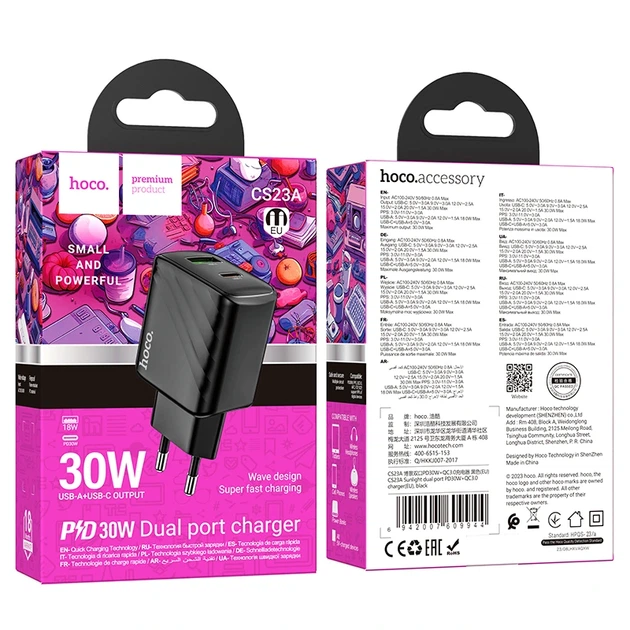 Мережевий зарядний пристрій HOCO CS23A Sunlight dual port PD30W+QC3.0 charger Black - Фото 2 Мережевий зарядний пристрій HOCO CS23A Sunlight dual port PD30W+QC3.0 charger Black - зображення 2