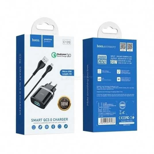 Мережевий зарядний пристрій з кабелем HOCO C12Q Smart QC3.0 charger set(Micro) 18W Black - Фото 2 Мережевий зарядний пристрій з кабелем HOCO C12Q Smart QC3.0 charger set(Micro) 18W Black - изображение 2