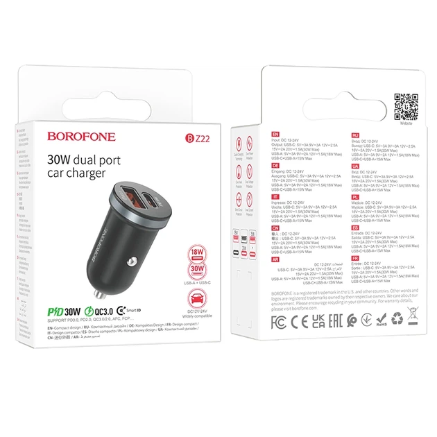 Автомобільний зарядний пристрій BOROFONE BZ22 Scenery dual port PD30W+QC3.0 car charger Black - изображение 2