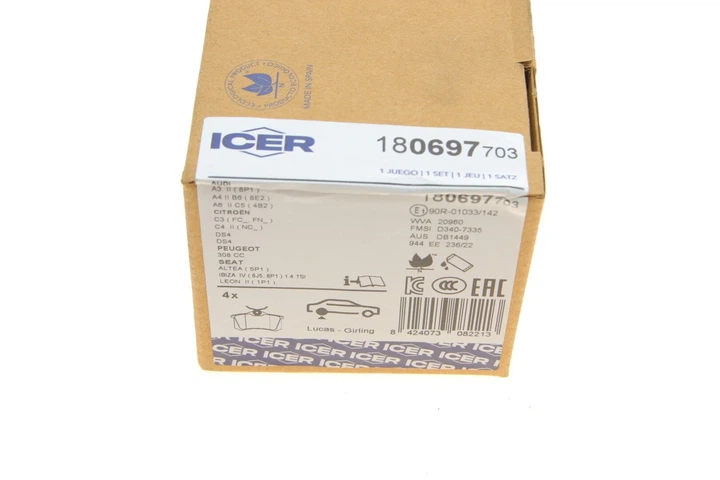 Колодки гальмові ICER 180697-703 Audi A6, A4, A3; Volkswagen Bora, Caddy, Golf, Polo; Citroen C4, C3; Seat Leon, Ibiza; Skoda Octavia, Rapid; Peugeot 307, 308 1027640, 1001096, 150698451 - зображення 9