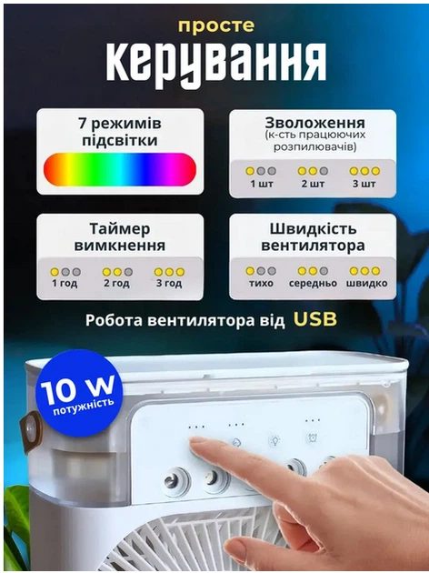 Вентилятор-зволожувач повітря з LED підсвіткою та USB Type-C, портативний настільний кондиціонер - изображение 6