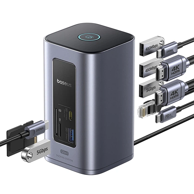 Док-станция Baseus NU1 Air Spacemate hub 12в1 USB-C - 2xHDMI 4K@60Hz 2xUSB-C 10Gb/s 2xUSB-A 5Gb/s 2xUSB-A (480Mb/s) RJ45 SD/microSD 3.0 USB-C (PD) (69 - изображение 4