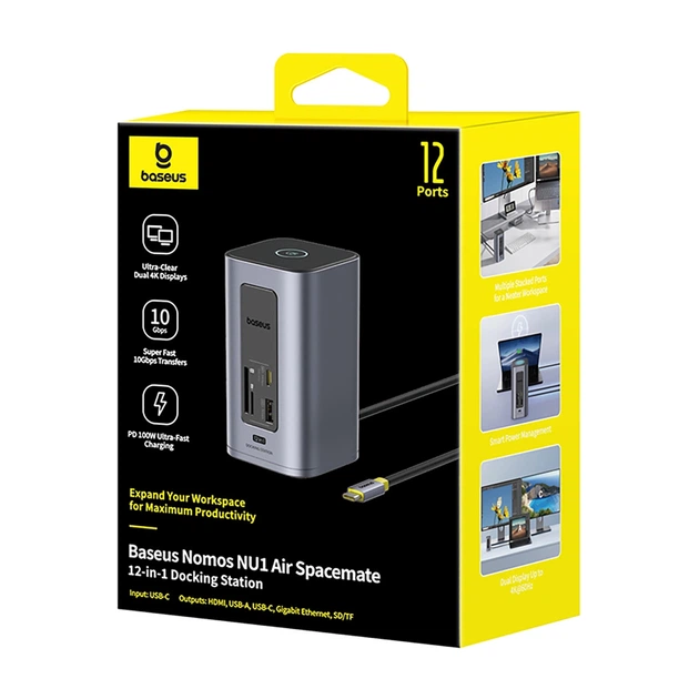 Док-станция Baseus NU1 Air Spacemate hub 12в1 USB-C - 2xHDMI 4K@60Hz 2xUSB-C 10Gb/s 2xUSB-A 5Gb/s 2xUSB-A (480Mb/s) RJ45 SD/microSD 3.0 USB-C (PD) (69 - изображение 7