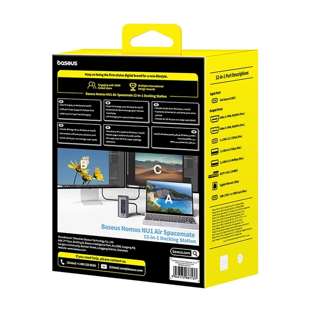 Док-станция Baseus NU1 Air Spacemate hub 12в1 USB-C - 2xHDMI 4K@60Hz 2xUSB-C 10Gb/s 2xUSB-A 5Gb/s 2xUSB-A (480Mb/s) RJ45 SD/microSD 3.0 USB-C (PD) (69 - изображение 8
