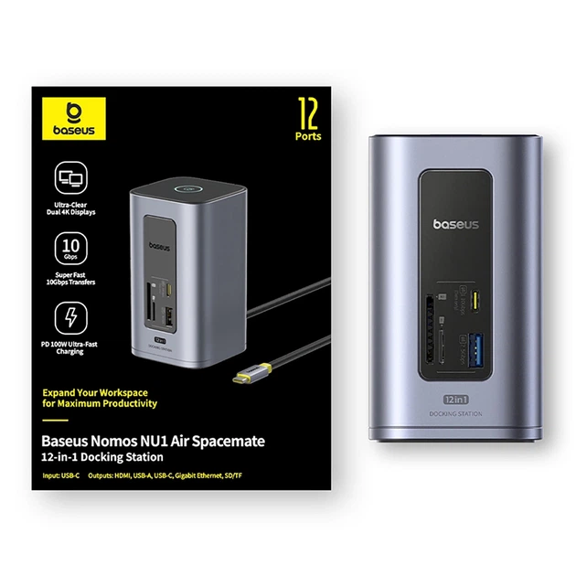 Док-станция Baseus NU1 Air Spacemate hub 12в1 USB-C - 2xHDMI 4K@60Hz 2xUSB-C 10Gb/s 2xUSB-A 5Gb/s 2xUSB-A (480Mb/s) RJ45 SD/microSD 3.0 USB-C (PD) (69 - изображение 9