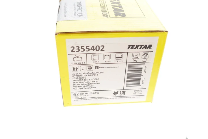 Комплект гальмівних колодок TEXTAR 2355402 Volkswagen Golf, Polo, Sharan, Passat; Audi A4, A8, A3, A6; Skoda Octavia; Seat Toledo; Citroen C8, C2, C4; Peugeot 307, 308 10030811, 10347032, 10807527 - изображение 5