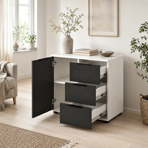 Современный комод Elva 800×450×750 с ящиками и полками для спальни, гостиной и прихожей Антрацит/Белый - Фото 6 Современный комод Elva 800×450×750 с ящиками и полками для спальни, гостиной и прихожей Антрацит/Белый - изображение 6