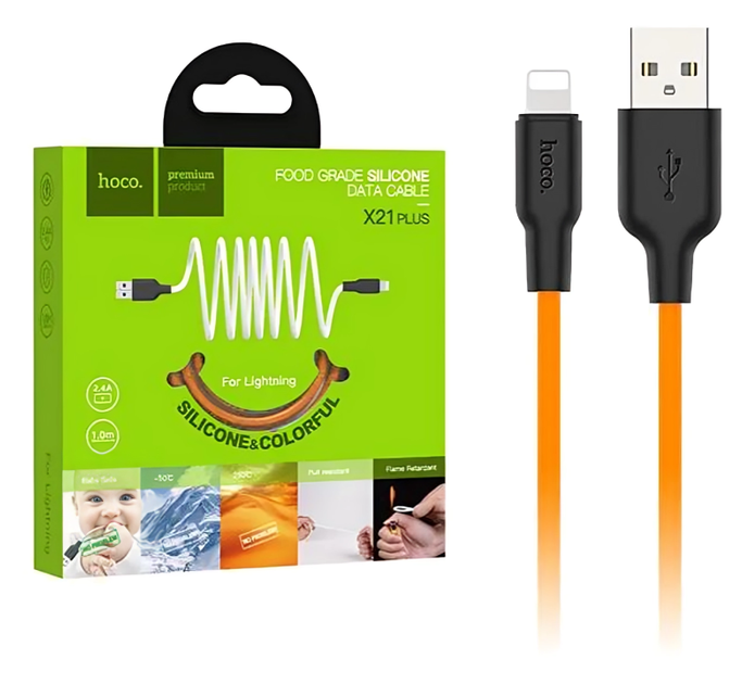 Кабель HOCO X21 Plus Silicone Lightning 2,4A/1m. Black&Orange - зображення 3