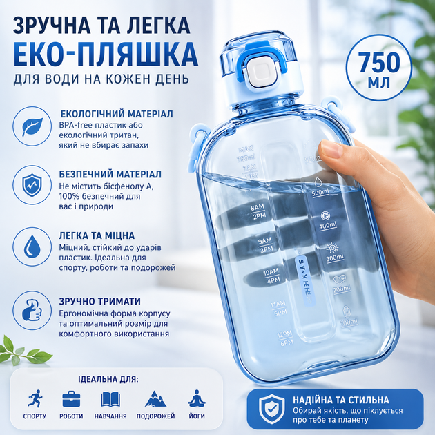 Еко-пляшка для води 750 мл блакитна, BPA-free з ремінцем та мірною шкалою - зображення 4