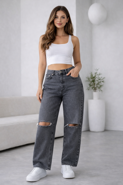 Жіночі джинси Stradivarius straight fit сірі з розрізами на колінах розмір 42 - Фото 1 Жіночі джинси Stradivarius straight fit сірі з розрізами на колінах розмір 42 - зображення 1
