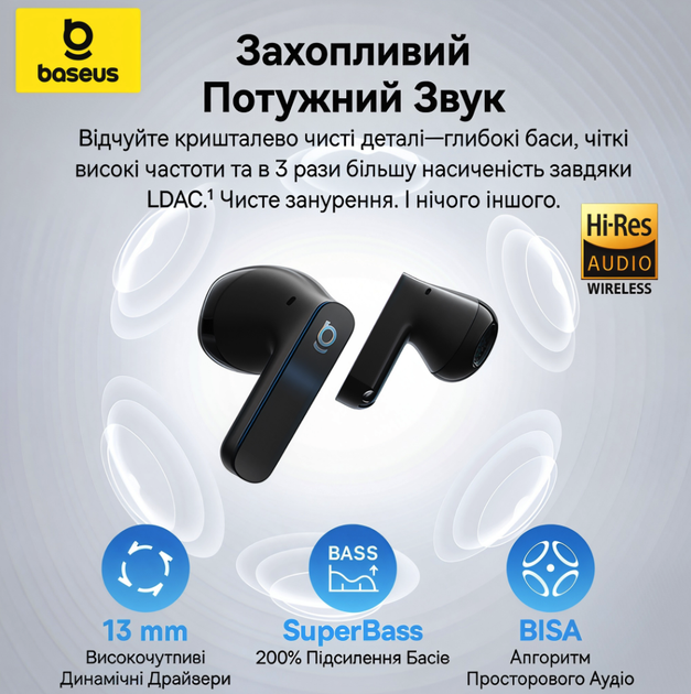 Бездротові TWS навушники Baseus BS1NC Black з активним ANC. Внутрішньоканальні Bluetooth-навушники з підтримкою просторового звуку Bisa - зображення 6
