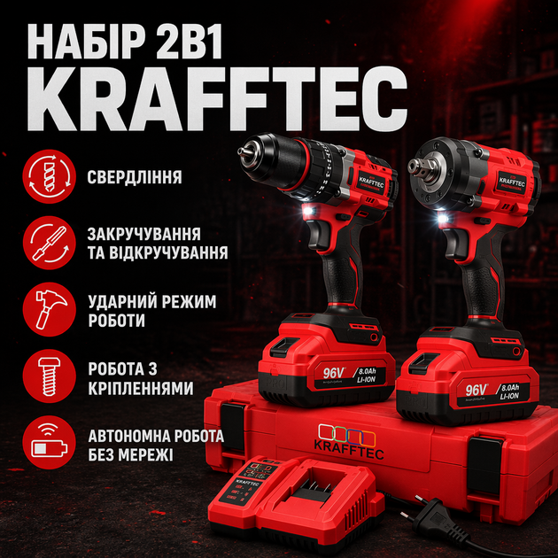 Набор 2-в-1 Krafftec Germany PRO Ударный шуруповерт + Гайковерт, 96V, 8Ah - изображение 4