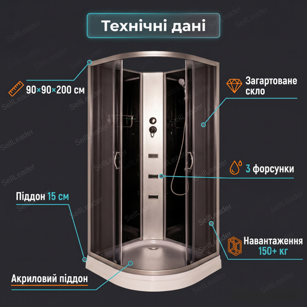 Душовий бокс Vivia 200х90x90см кутовий гідробокс низький піддон гідромасажна кабіна напівкругла компактна - зображення 3