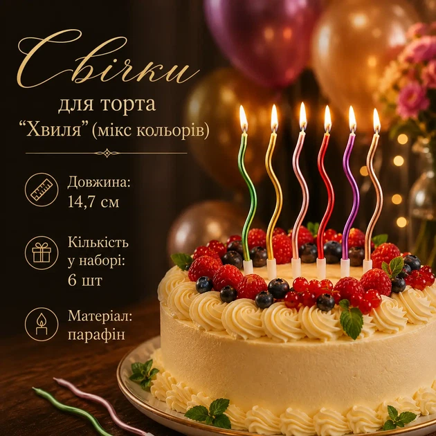 Свечи для торта "Волна" набор 6 шт. (микс цветов) - Фото 1 Свечи для торта "Волна" набор 6 шт. (микс цветов) - изображение 1