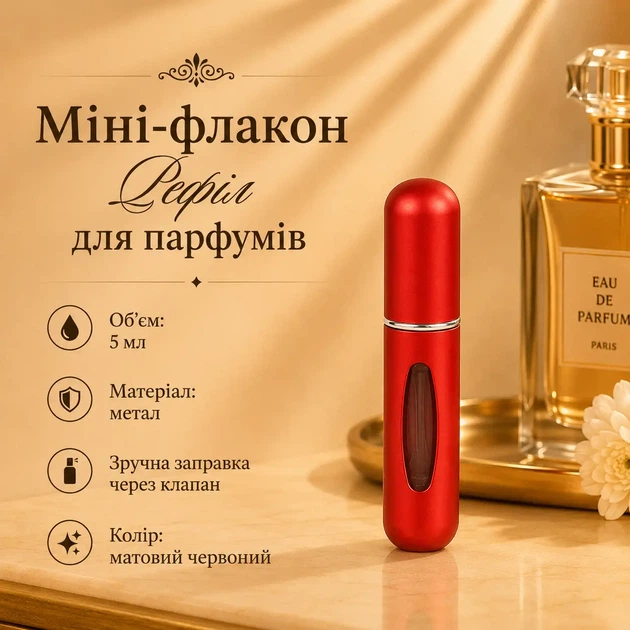 Міні-флакон Рефіл для парфумів 5мл (матовий червоний) - Фото 1 Міні-флакон Рефіл для парфумів 5мл (матовий червоний) - зображення 1