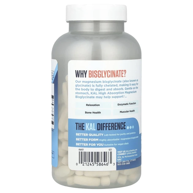 Магний хелатный бисглицинат, Chelated Magnesium Bisglycinate, KAL, 180 Таблетки - изображение 3