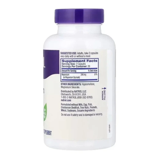 Магний глицинат высокой абсорбции, 240 мг, Magnesium Glycinate, Natrol, 60 капсул - изображение 2