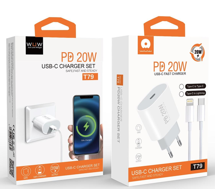 Мережевий зарядний пристрій з кабелем WUW-T79L PD 20W USB C charger with type c to lightning cable (6972573336234) - изображение 2