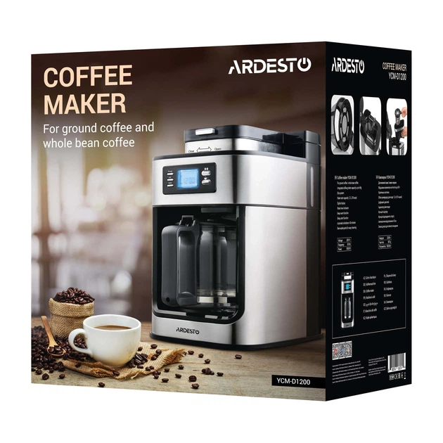 Кавоварка Ardesto крапельна Steel Collection 1.2л, зерно + мелена, дисплей, сріблясто-чорний (00110199) - изображение 9