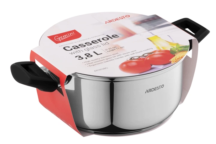 Каструля Ardesto Gemini Piemonte зі скляною кришкою нержавіюча сталь 3,8л 22см AR3538G (00107453) - Фото 4 Каструля Ardesto Gemini Piemonte зі скляною кришкою нержавіюча сталь 3,8л 22см AR3538G (00107453) - зображення 4