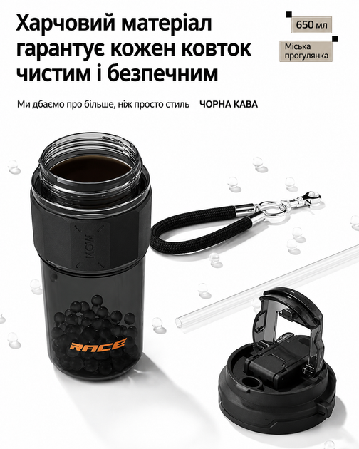 Кружка RACE Dual-Sip (650 мл) з двома секціями соломинкою та ремінцем — Чорна - зображення 3