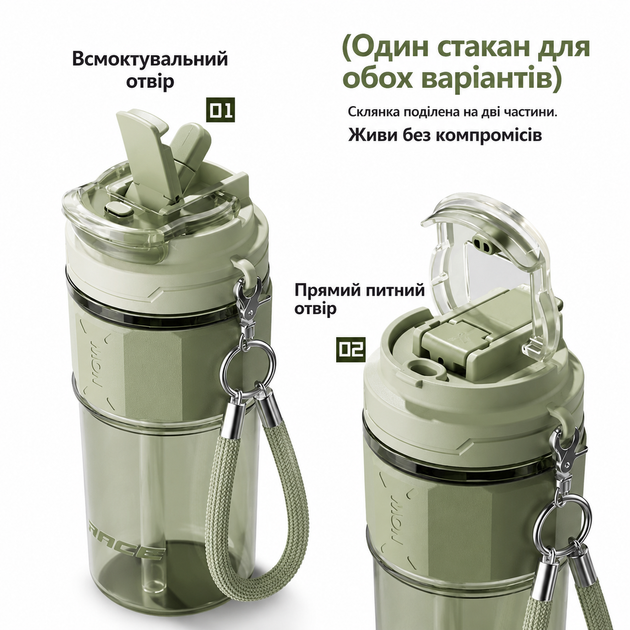 Кружка RACE Dual-Sip (650 мл) з двома секціями соломинкою та ремінцем — Зелений - зображення 7