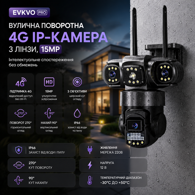 Уличная поворотная IP-камера 4G EVKVO Pro (3 объектива, 15 Мп) - изображение 2