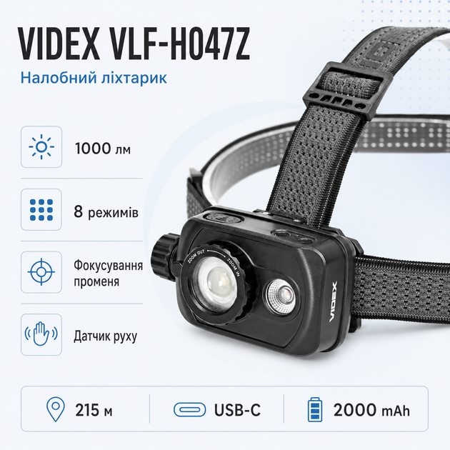 Ліхтар налобний VIDEX VLF-H047Z час роботи до 58 годин 1000Lm 5000K IP65 Чорний - зображення 2