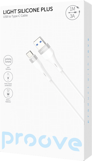 Кабель Proove Light Silicone Plus USB to Type-C 3A 1 м White (632560003) - Фото 3 Кабель Proove Light Silicone Plus USB to Type-C 3A 1 м White (632560003) - изображение 3