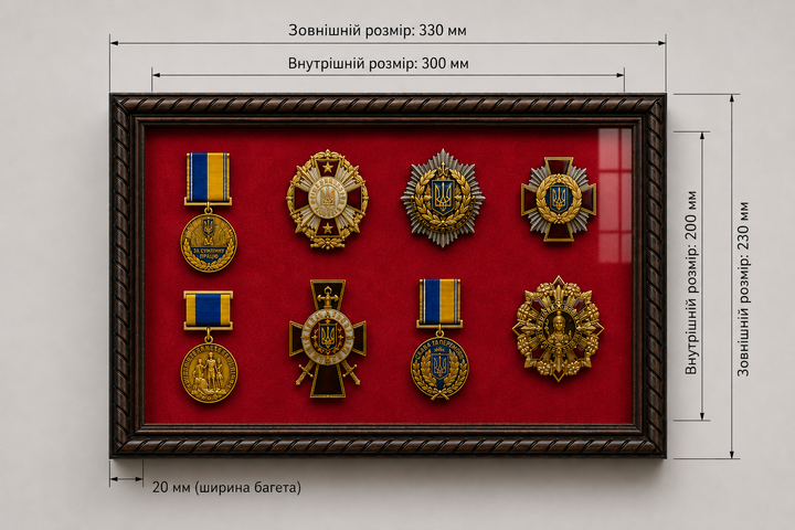 Рамка для военных Медалей и Наград (200х300х34 мм.) Багет пластиковый с текстурой дерева AM-2034-B84 (с защитным стеклом 1,5 мм, Красной бархатной /велюровой обивкой, задником ДВП с креплениями на стену, и ножкой, при необходимости) BagetiKo - изображение 3
