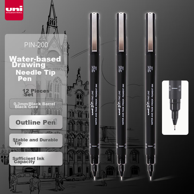 Ручка Uni Mitsubishi PIN-200 для эскизов игольчатая, 0.3 мм, 12 шт - Фото 4 Ручка Uni Mitsubishi PIN-200 для эскизов игольчатая, 0.3 мм, 12 шт - изображение 4