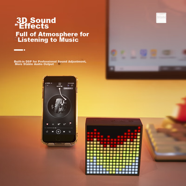 Беспроводная колонка Divoom Dot Sound EVO, пиксельное украшение для рабочего стола, мини-будильник с текстом песен, небольшая игровая компьютерная колонка, домашний сабвуфер, настольный аксессуар в стиле Tech, креативный подарок на день рождения для меня. - изображение 6