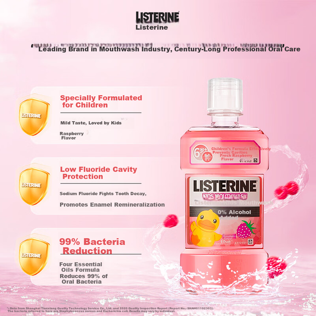 Ополаскиватель для полости рта Listerine Kids Raspberry Mild против кариеса, освежающий дыхание, 250 мл*3, снижает количество бактерий. - зображення 5