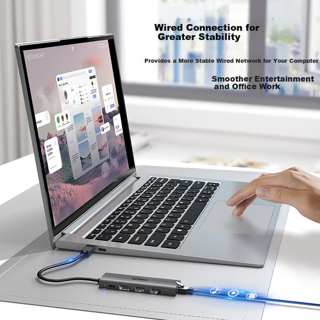 Док-станция Lenovo USB 3.0 с гигабитным Ethernet-адаптером RJ45, проводным сетевым адаптером-конвертером, USB-расширителем для ноутбука, USB-разветвителем Xiaoxin 4-в-1. - изображение 5