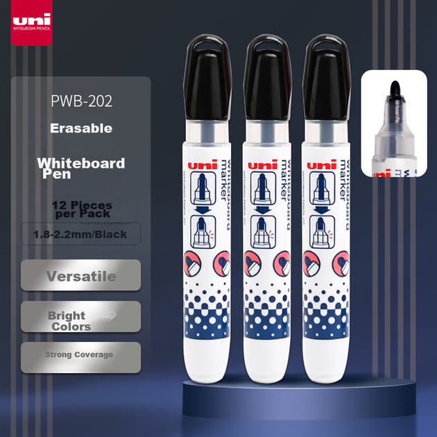 Маркер для білої дошки Uni Mitsubishi Erasable PWB-202, дитячий, канцелярське приладдя, 1,8-2,2 мм, чорний, 12 шт. - изображение 4