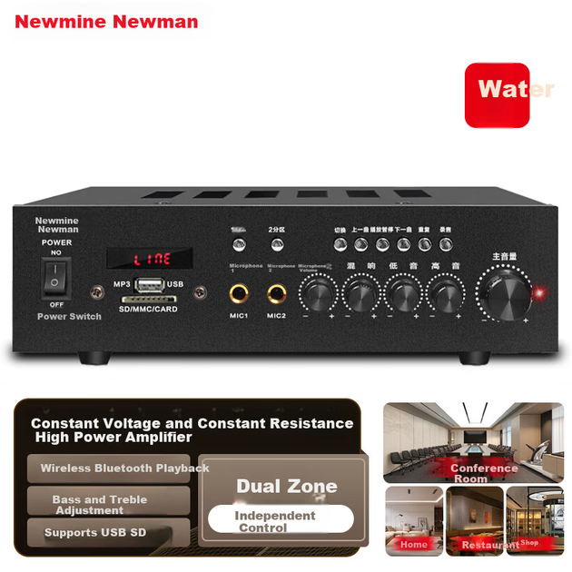 Усилитель Newmine 100 Вт высокой мощности с Bluetooth и постоянным напряжением, усилитель для общественного вещания, потолочный динамик, настенный динамик, специализированный комбинированный усилитель для домашнего кинотеатра R1, черный. - Фото 4 Усилитель Newmine 100 Вт высокой мощности с Bluetooth и постоянным напряжением, усилитель для общественного вещания, потолочный динамик, настенный динамик, специализированный комбинированный усилитель для домашнего кинотеатра R1, черный. - изображение 4
