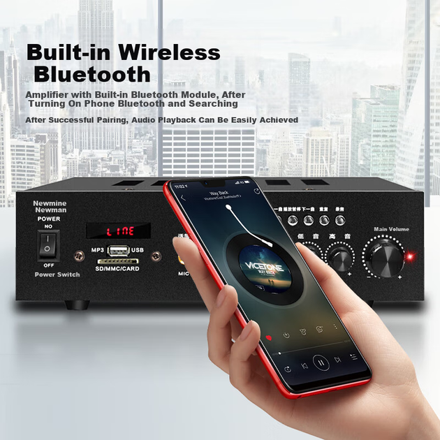Усилитель Newmine 100 Вт высокой мощности с Bluetooth и постоянным напряжением, усилитель для общественного вещания, потолочный динамик, настенный динамик, специализированный комбинированный усилитель для домашнего кинотеатра R1, черный. - Фото 5 Усилитель Newmine 100 Вт высокой мощности с Bluetooth и постоянным напряжением, усилитель для общественного вещания, потолочный динамик, настенный динамик, специализированный комбинированный усилитель для домашнего кинотеатра R1, черный. - изображение 5
