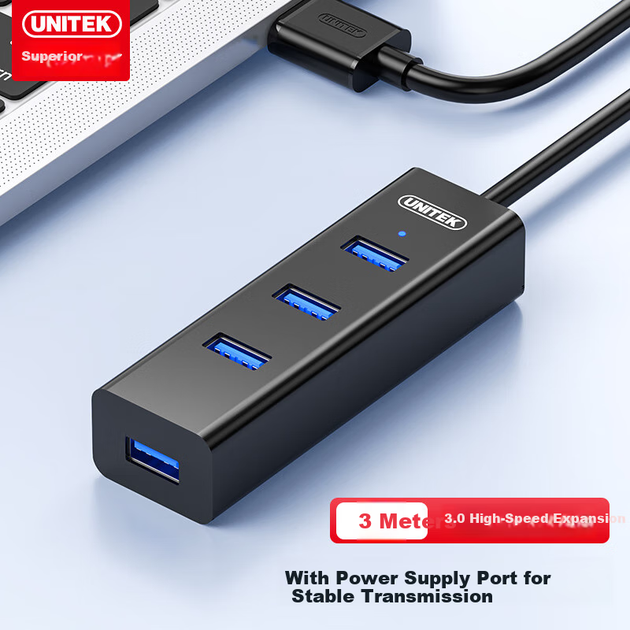 USB-концентратор UNITEK, удлинительный кабель 3 метра, док-станция расширения One-to-3.0 High-Speed, концентратор с портом питания, адаптер-конвертер для ноутбука и настольного компьютера Y-3089LBK - Фото 1 USB-концентратор UNITEK, удлинительный кабель 3 метра, док-станция расширения One-to-3.0 High-Speed, концентратор с портом питания, адаптер-конвертер для ноутбука и настольного компьютера Y-3089LBK - изображение 1
