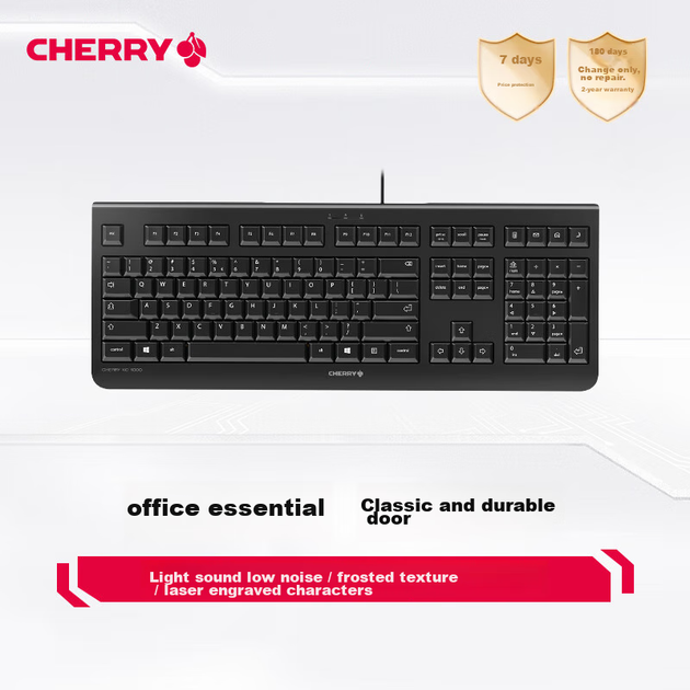 Мембранна клавіатура CHERRY KC1000, офісна клавіатура, тиха дротова зовнішня клавіатура для ноутбука, тонка та легка, міцна, клавіші кольору «шоколад», додаткові мультимедійні клавіші, чорна. - зображення 4