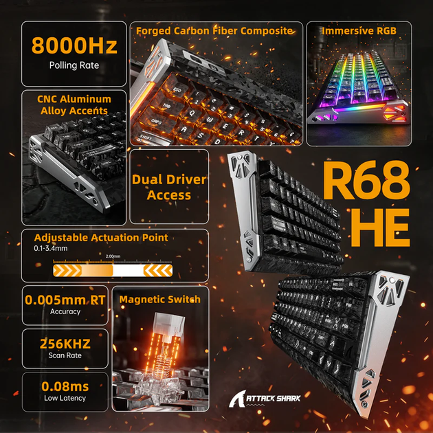 Ігрова магнітна клавіатура ATTACK SHARK R68 HE / Дротове підключення / Magnetic Switch / Black Carbon - зображення 2