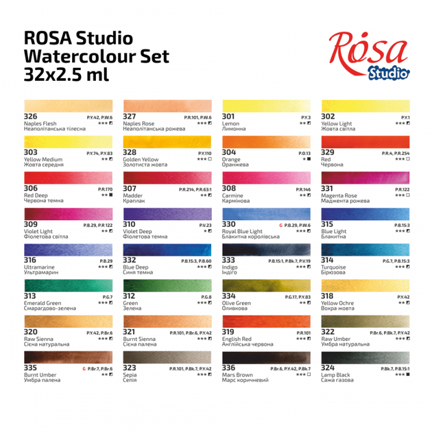 Набір акварельних фарб Rosa Studio Watercolours 32 кольори кювета картонна коробка (3405005) - зображення 2