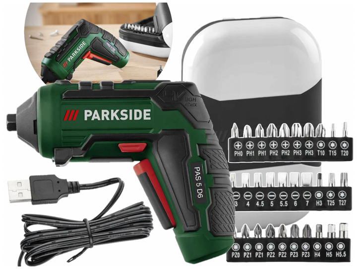 Аккумуляторная отвертка Parkside 4V 1500mAh 10Nm с USB-C и 30 битами для домашних работ - зображення 7