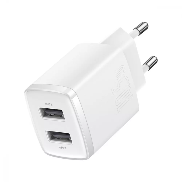 Мережевий зарядний пристрій Baseus Compact 10.5Вт 2×USB-A White (CCXJ010202) - Фото 1 Мережевий зарядний пристрій Baseus Compact 10.5Вт 2×USB-A White (CCXJ010202) - зображення 1