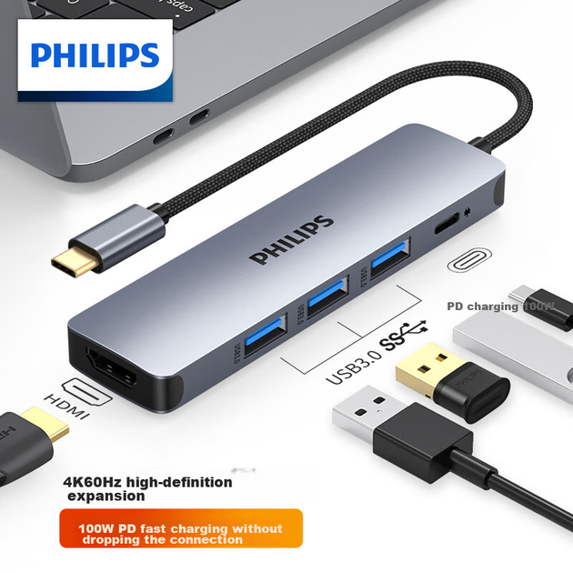 Док-станция расширения PHILIPS Type-C, Thunderbolt-HDMI 4K 60 Гц, адаптер-конвертер Apple, совместима с MacBook Mini, ноутбуками Huawei, планшетами iPad и смартфонами. - изображение 2