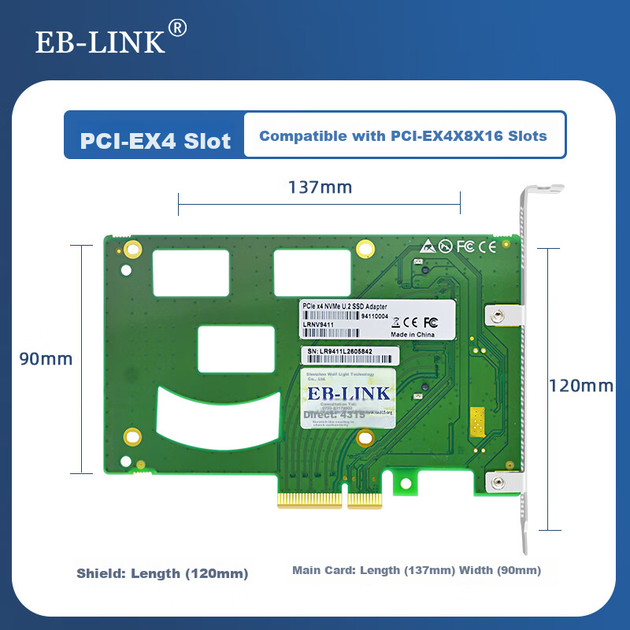Плата розширення EB-LINK PCIe 4.0 X4 на U.2, однопортовий адаптер SSD NVMe U.2, інтерфейс SFF-8639, без драйверів, автономне живлення - изображение 5