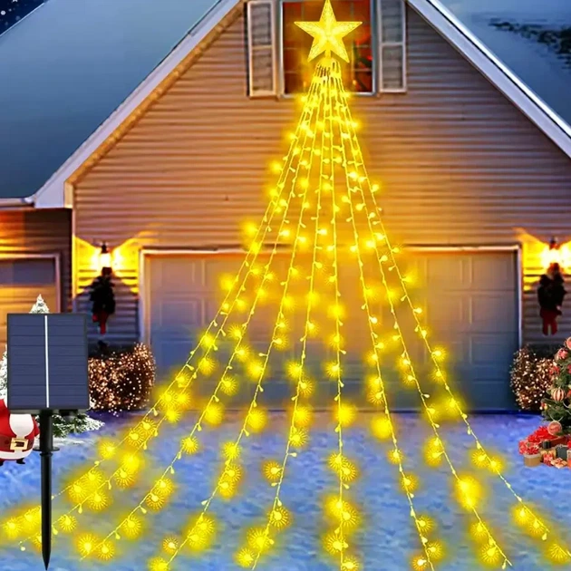 Гірлянда Штора із зіркою від сонячної батареї, 2 м, 190 LED, Теплий білий - Фото 1 Гірлянда Штора із зіркою від сонячної батареї, 2 м, 190 LED, Теплий білий - зображення 1